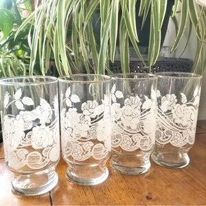 Vintage 70s MCM 16 oz Etched Whimsy Floral Glasses with Gold Rim - Set of 4